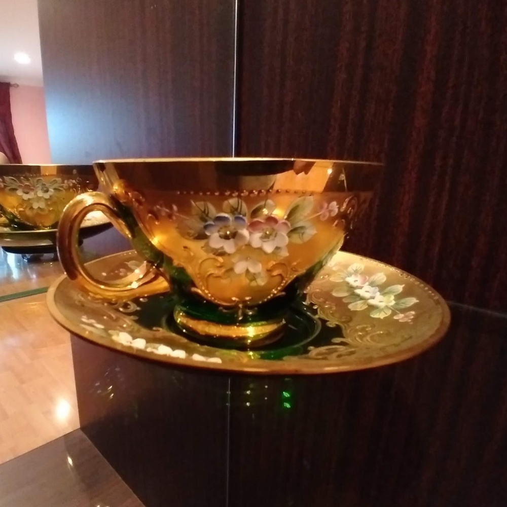 Vintage Cup and Saucer Moser Bohemian Czech Emerald Green Gilded Set of 6
